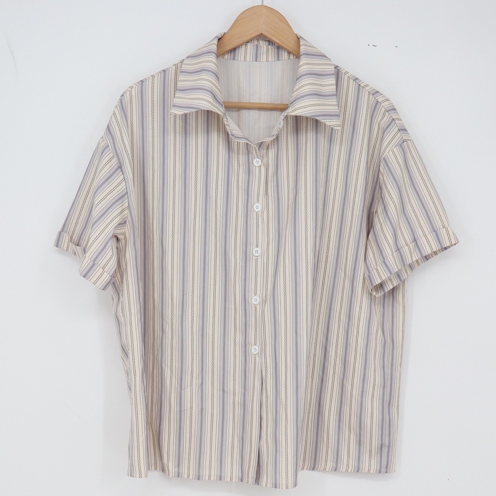 Unbranded Shirt Womens L Short Sleeve Button-Down Beige Striped Excellent